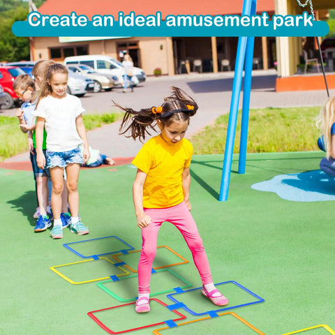 Children playing on Two Sets Hopscotch Outdoor Game Kit With Hoops And Squares, 20 Pcs Total, Includes 10 Hoops, 10 Squares, 30 Connectors