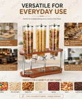 Triple Cereal Dispenser Countertop Stand With Independent Twist Knobs Moisture Sealed Clear Canisters For Oats Granola Rice Nuts And Coffee Beans setup in kitchen for organized storage.