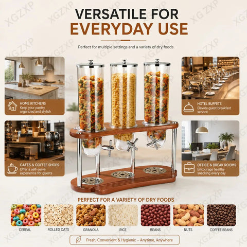 Triple Cereal Dispenser Countertop Stand With Independent Twist Knobs Moisture Sealed Clear Canisters For Oats Granola Rice Nuts And Coffee Beans setup in kitchen for organized storage.