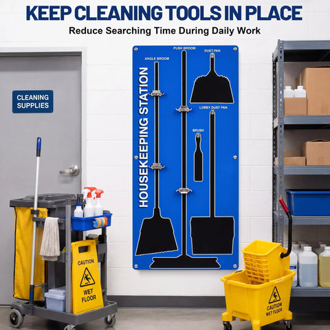 5S Shadow Board For Cleaning Tools, Aluminum Broom Station Organizer, Industrial Tool Rack Board, 63.5 By 26.5 Inches, Space Saving Janitorial And Housekeeping Supply For Factory Floor And Warehouse, blue wall-mounted