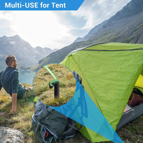 Image of a campsite with a tent secured by a metal stake. Metal Landscape Edging Stakes Kit With Twenty Pieces Eight And A Half Inch Garden Anchors For Terrace Boards And Paver Restraints Grass Barrier Bender Board Garden Liner Anti Rust Black Durable Easy Install For Total Yard Makeover used for tent stability in a mountain setting.