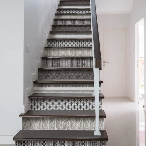 15 Strips Peel And Stick Stair Riser Decals Boho Bohemian Self Adhesive Staircase Stickers For Steps Size 39.37 Inches By 7.09 Inches PVC