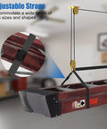 Ladder Storage Pulley Hoist Self Locking Hanger For Garage Ceiling Lift System Holds 100 Lb, showing installed on ladder with straps