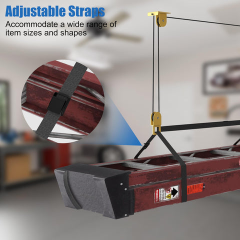 Ladder Storage Pulley Hoist Self Locking Hanger For Garage Ceiling Lift System Holds 100 Lb, showing installed on ladder with straps