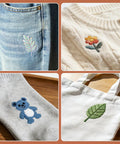 Assorted embroidered patches applied to jeans, sweater, socks, and tote, showcasing Speedweve Darning Mini Loom Kit With 50 Color Threads.