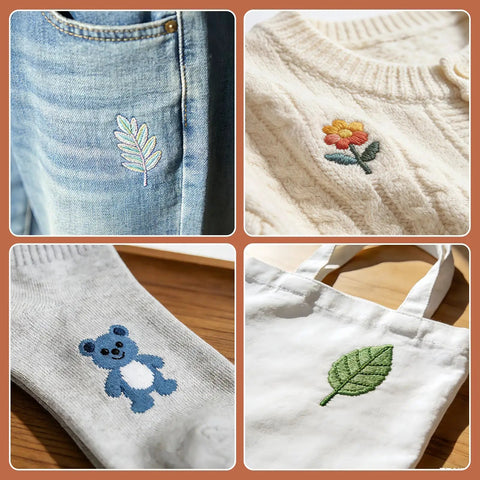 Assorted embroidered patches applied to jeans, sweater, socks, and tote, showcasing Speedweve Darning Mini Loom Kit With 50 Color Threads.