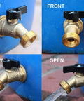 Brass Rain Barrel Spigot With Garden Hose Hookup, Solid Quarter Turn Ball Valve, Lead Free Compliant, Leak Proof, Rust Proof, Freeze Proof, Aluminum Handle, For Open Top Barrels And Rainwater Containers, front view