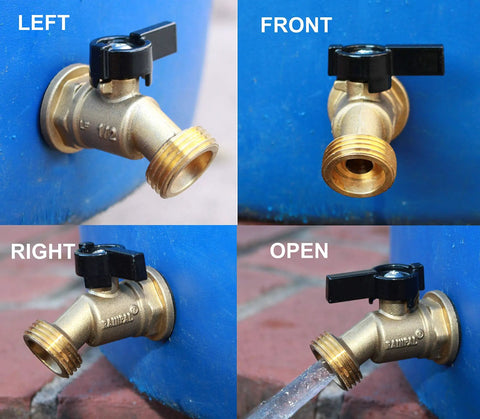 Brass Rain Barrel Spigot With Garden Hose Hookup, Solid Quarter Turn Ball Valve, Lead Free Compliant, Leak Proof, Rust Proof, Freeze Proof, Aluminum Handle, For Open Top Barrels And Rainwater Containers, front view