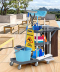 Built Different Heavy Duty Three Shelf Janitorial Cart With Roller Wheels And Secure Protective Cover Includes Generous Vinyl Storage Bag For Top Shelf Housekeeping Performance In Offices Hotels And Schools with cleaning supplies on a patio.