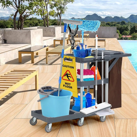 Built Different Heavy Duty Three Shelf Janitorial Cart With Roller Wheels And Secure Protective Cover Includes Generous Vinyl Storage Bag For Top Shelf Housekeeping Performance In Offices Hotels And Schools with cleaning supplies on a patio.