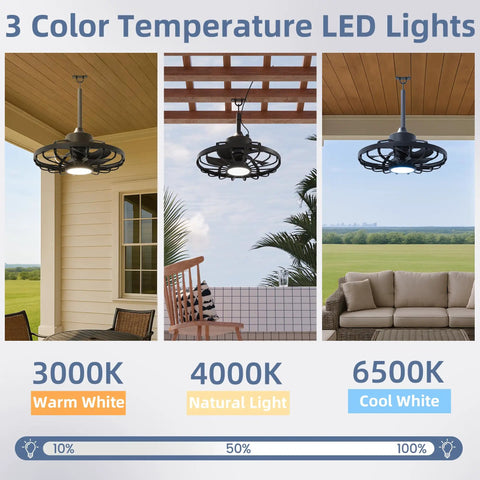 Outdoor Ceiling Fan With Light And Remote, 20 Inch, IP65 Waterproof, showing three color LED settings in gazebo cage style.