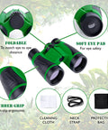 Outdoor Adventure Kit For Kids With Real Walkie Talkies, Binoculars, Flashlight, Compass, Magnifier, Whistle, Camouflage Hat And Backpack For Backyard Missions, Park Explorations, And Indoor Quests binocular illustration with foldable design, soft eye pad, and rubber grip features.