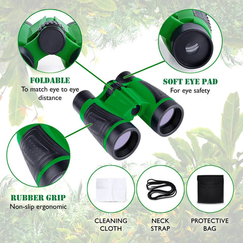 Outdoor Adventure Kit For Kids With Real Walkie Talkies, Binoculars, Flashlight, Compass, Magnifier, Whistle, Camouflage Hat And Backpack For Backyard Missions, Park Explorations, And Indoor Quests binocular illustration with foldable design, soft eye pad, and rubber grip features.