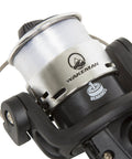 Close-up of the reel on a Portable 65 Inch Fiberglass Spinning Rod And Size 20 Reel Combo Two Piece Medium Action for bass fishing.