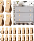 24 Pieces PVC Leather Drawer Pulls For Cabinets And Furniture with brass screws, shown on a dresser, light brown, handmade