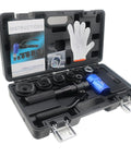 Hydraulic Knockout Hole Punch Set 1/2 To 2 Inch Electrical Conduit Cutter Kit in open carrying case with accessories.