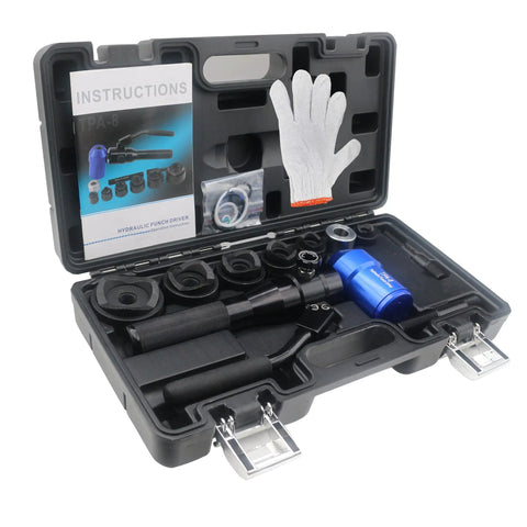 Hydraulic Knockout Hole Punch Set 1/2 To 2 Inch Electrical Conduit Cutter Kit in open carrying case with accessories.