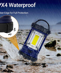 Image of 3200LM Camping Lantern With 4600mAh Phone Charger showing IPX4 waterproof feature and rubber edge protection in water.