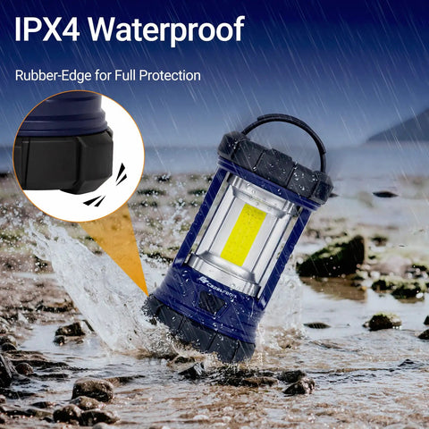 Image of 3200LM Camping Lantern With 4600mAh Phone Charger showing IPX4 waterproof feature and rubber edge protection in water.