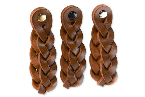 Braided Leather Drawer Pulls In Cognac Finish, 2 Pack, Measures 7-7/8 Inches Long By 1 Inch Wide, leather handles close-up