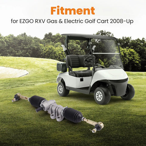 EZGO RXV Golf Cart Steering Gear Box Assembly Rack And Pinion For 2008 Up Gas And Electric Carts With Tie Rod Ends Replacement OEM 601500 618329 Beefed Up For Smooth Handling And Reduced Steering Play next to a white golf cart on grass.