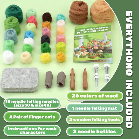 15 Piece Beginner Friendly Succulent Needle Felting Kit With Wool Roving Felting Mat Needles And Step By Step Instructions