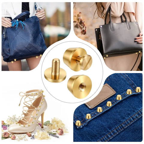 Gold Brass Nailhead Studs For Leather Purses, Heavy Duty Screw Back Purse Feet Hardware on bags and shoes with detailed rivets.