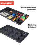 Ikea Alex Drawer Organizer Set 10 Piece Modular Felt Trays For Drawer Storage Dark Finish Totally Perfect Fit Keeps Small Items From Sliding Stackable And Flexible Dividers For Office Desk Craft Supplies, showing 10 felt trays with office items.