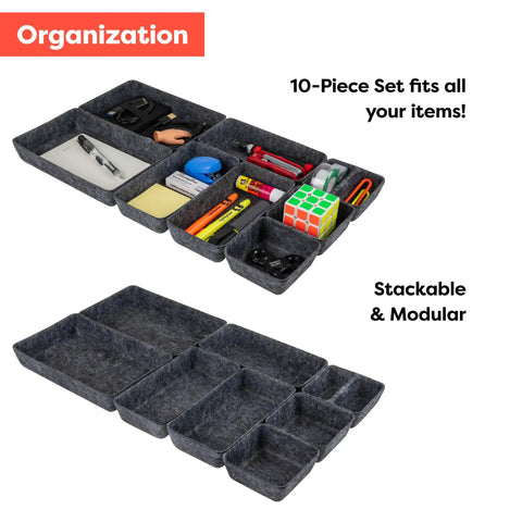 Ikea Alex Drawer Organizer Set 10 Piece Modular Felt Trays For Drawer Storage Dark Finish Totally Perfect Fit Keeps Small Items From Sliding Stackable And Flexible Dividers For Office Desk Craft Supplies, showing 10 felt trays with office items.