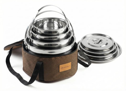 Compact Stainless Steel Camping Cookware Set With Travel Tote Bag, 4 Piece Campfire Pots And Pans Kit For Hiking, Beach, Barbecues, And Outdoor Adventures displayed stacked in a tote bag with lids on the side.