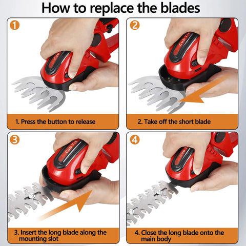 Steps to replace blades on the Cordless 2-In-1 Hedge Trimmer And Grass Shears, showing hand positioning and tool assembly.