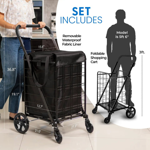 Compact Folding Shopping Cart With Removable Waterproof Liner, 360 Degree Swivel Wheels, Rust Proof Steel Frame, 70 Lb Capacity