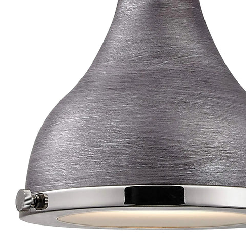 Close-up of Weathered Zinc Mini Pendant Light With Frosted Glass Diffuser And Metal Shade In Transitional Style