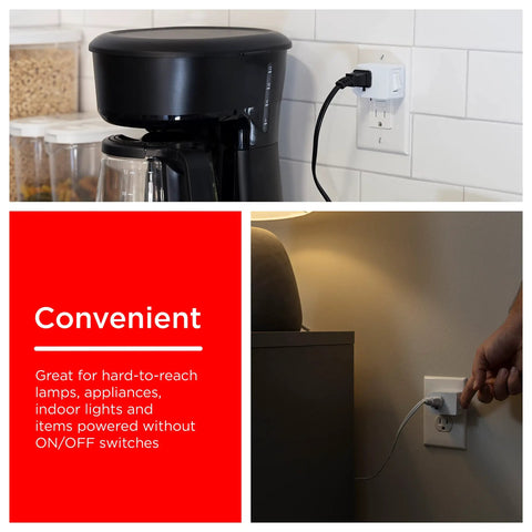 Grounded Power Switch 2 Pack Outlet Extender with On Off Button, shown in kitchen and bedroom with appliances connected.