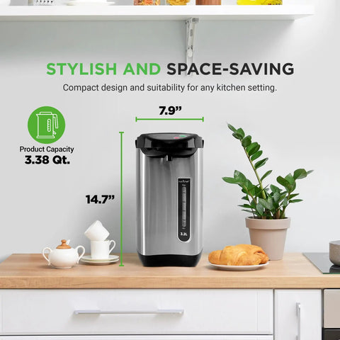Insulated Stainless Steel Hot Water Urn With Auto And Manual Dispense, Electric Boiler With Safety Lock Shutoff, 3.38 Qt on counter