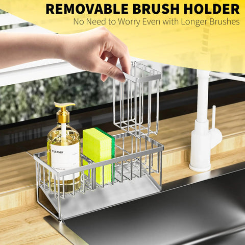 Kitchen Sink Caddy With Automatic Drainage, 304 Stainless Steel Rustproof Sponge Holder, High Brush Holder And Divider in use
