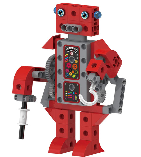 Red motorized robot from Hands On Robot Factory STEM Kit For Kids Ages Five And Up Build Eight Motorized Robots With A Storybook Guide.