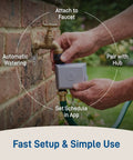 Smart Hose Timer With Wi Fi Hub For Lawn And Garden, App Controlled Outdoor Irrigation System, One Outlet, Adjustable Watering Schedule, Set It And Forget It Easy, Auto Plant Care, Works With Home Wi Fi shown being attached to a faucet.