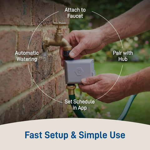 Smart Hose Timer With Wi Fi Hub For Lawn And Garden, App Controlled Outdoor Irrigation System, One Outlet, Adjustable Watering Schedule, Set It And Forget It Easy, Auto Plant Care, Works With Home Wi Fi shown being attached to a faucet.