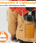 Go-To LED Camping Lantern With USB Rechargeable, Solar Panel And Hand Crank, hanging on a backpack, collapsible and lightweight.