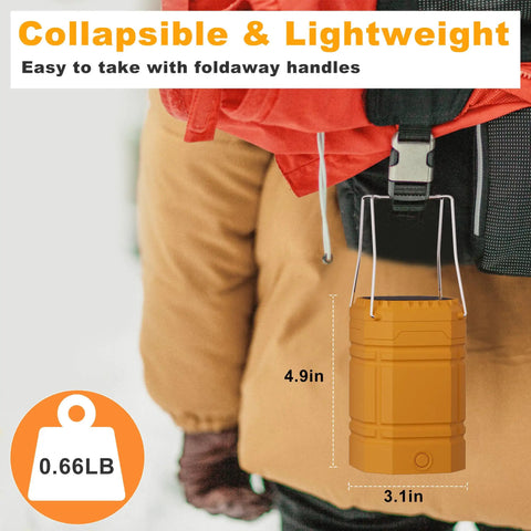 Go-To LED Camping Lantern With USB Rechargeable, Solar Panel And Hand Crank, hanging on a backpack, collapsible and lightweight.
