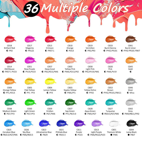 Acrylic Paint Set With 36 Dope Rich Pigment Colors, showcasing all 36 swatches with names and color codes.