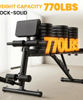 Adjustable Weight Bench For Home Gym With Foldable Frame And Wheels Leg Extension And Curl 770 Lbs Capacity shown with weights