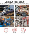 Collage of industrial sites featuring Pro Grade Lockout Tagout Kit for safety in power plants and factories.