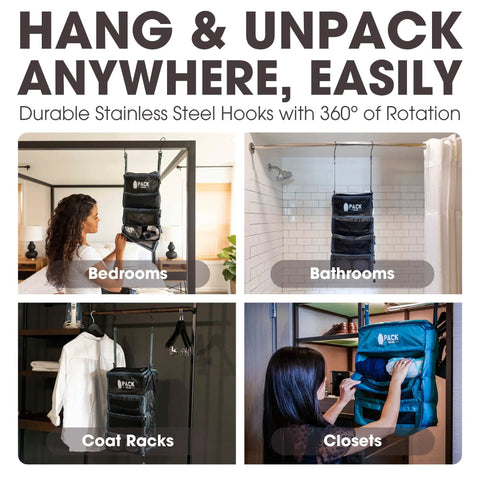 Hanging Carry On Organizer For Travel in black, displayed in bedroom, bathroom, coat rack, and closet settings, mesh windows visible.
