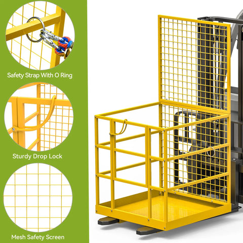 Built Like A Tank 45 By 43 Forklift Safety Cage 1400 Lb Weight Capacity Hella Secure Man Basket Work Platform with safety strap and mesh screen.