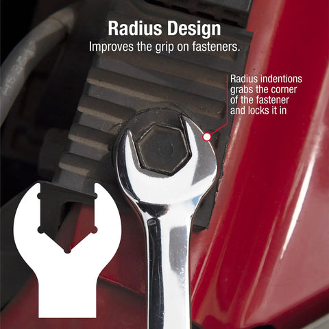 Metric V-Groove Combination Wrench Set 8mm To 19mm, 12-Piece, anti-slip radius design in use on fastener