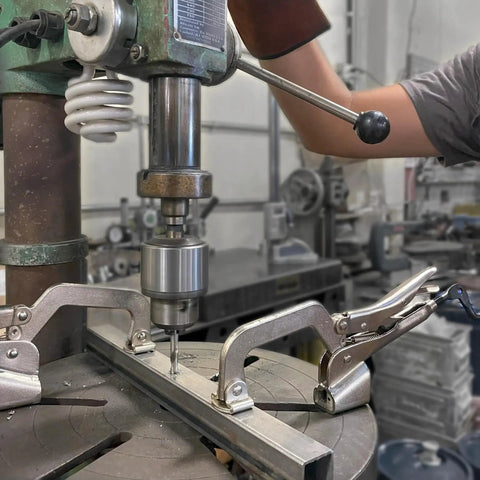 Drill Press Clamp With Crank Handle For Quick Set Hold Down Repetitive Clamping Tool on a drill press for precise drilling