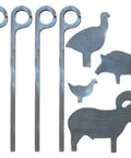DIY AR500 Silhouette Target Swingers Eight Piece NRA IHMSA Compatible Rifle Ready Set for 1 Inch Pipe 3/8 Inch Steel Targets Includes Ram Turkey Pig Chicken Silhouettes Unpainted and Unwelded Pin Retainers Not Included image showing unpainted steel silhouettes and pins