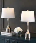 26 Inch Nickel Table Lamp Set Of 2 With USB Charging Ports, French Country Bedside Lighting For Living Room Or Bedroom, White Linen Shade, LED Bulbs Included